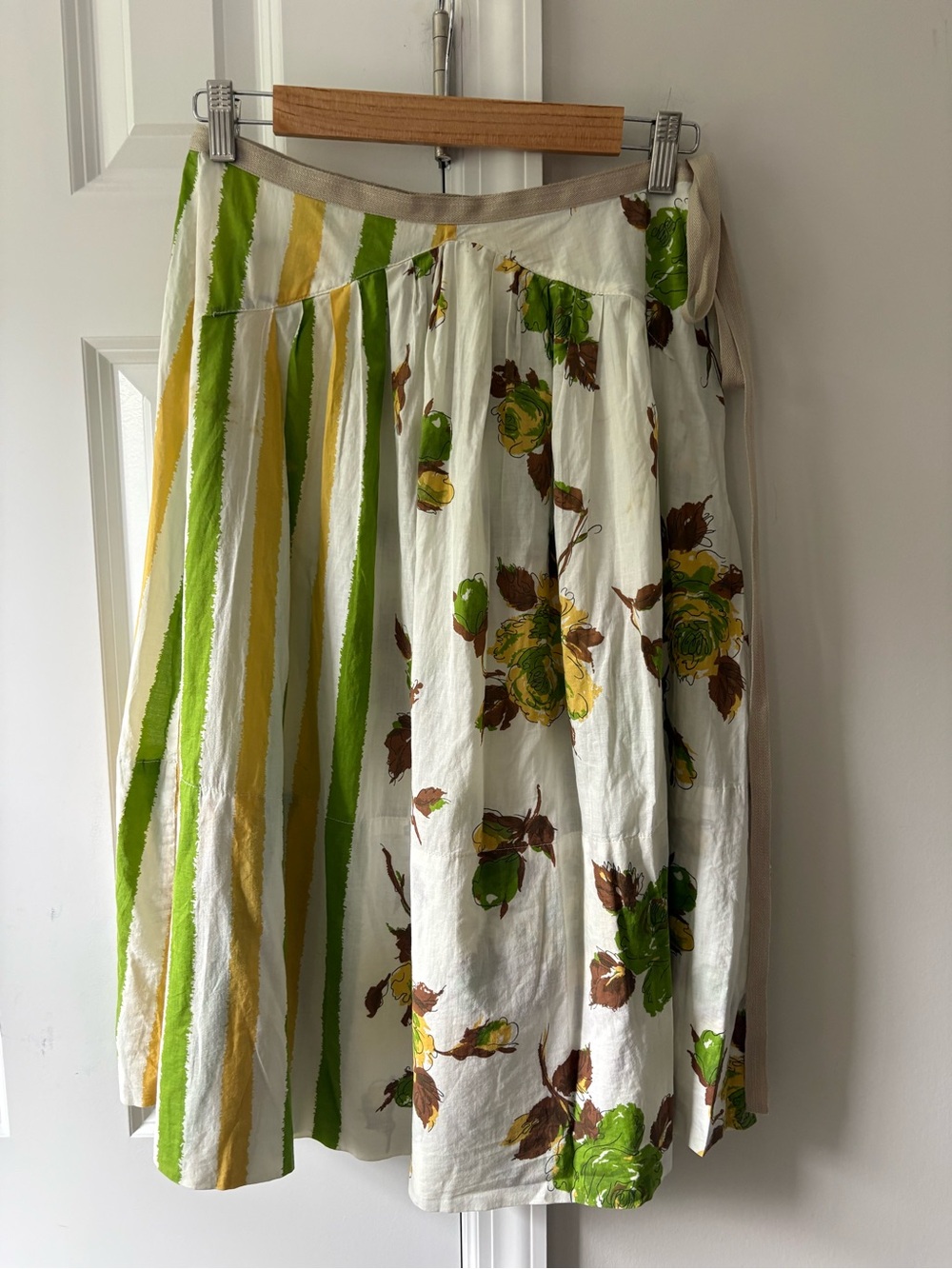 Marni Floral Stripe Cotton Wrap Skirt - White, Green & Yellow